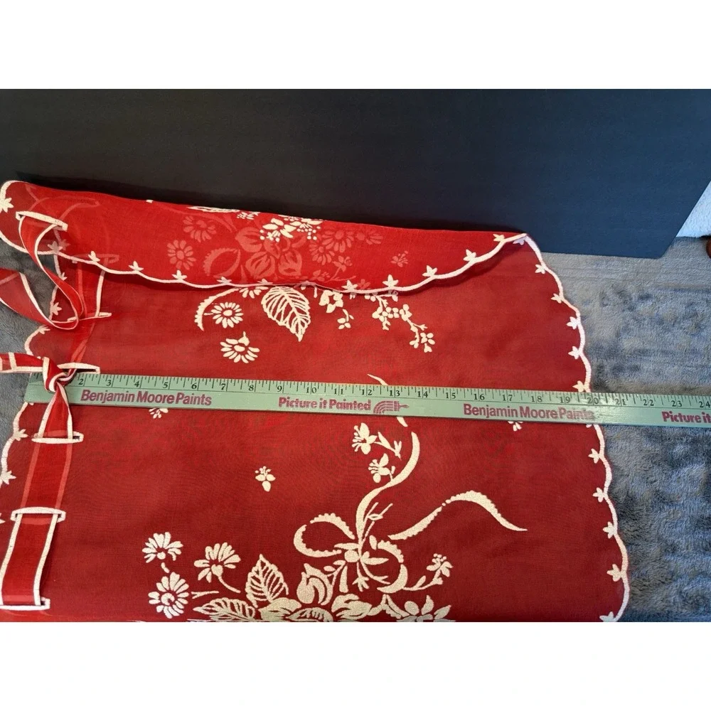 Vintage Sheer Christmas Floral Red White Embossed Half‎ Apron Hostess Retro